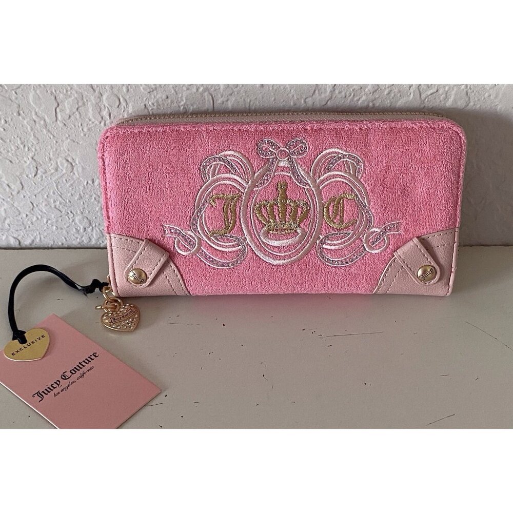 Juicy Couture Lovers Club Long Zip Around Wallet Pink Lemonade Terry Cloth NEW